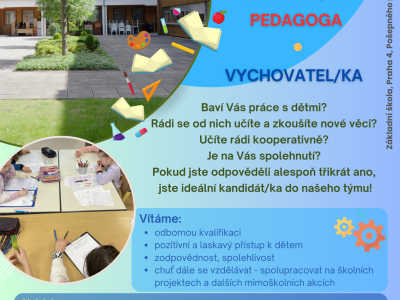 Staňte se součástí našeho týmu na pozici: Asistent/ka pedagoga, Vychovatel/ka školní družiny